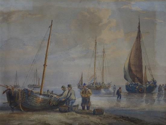 Attributed to George Chambers RA, watercolour, fishing boats on the shore